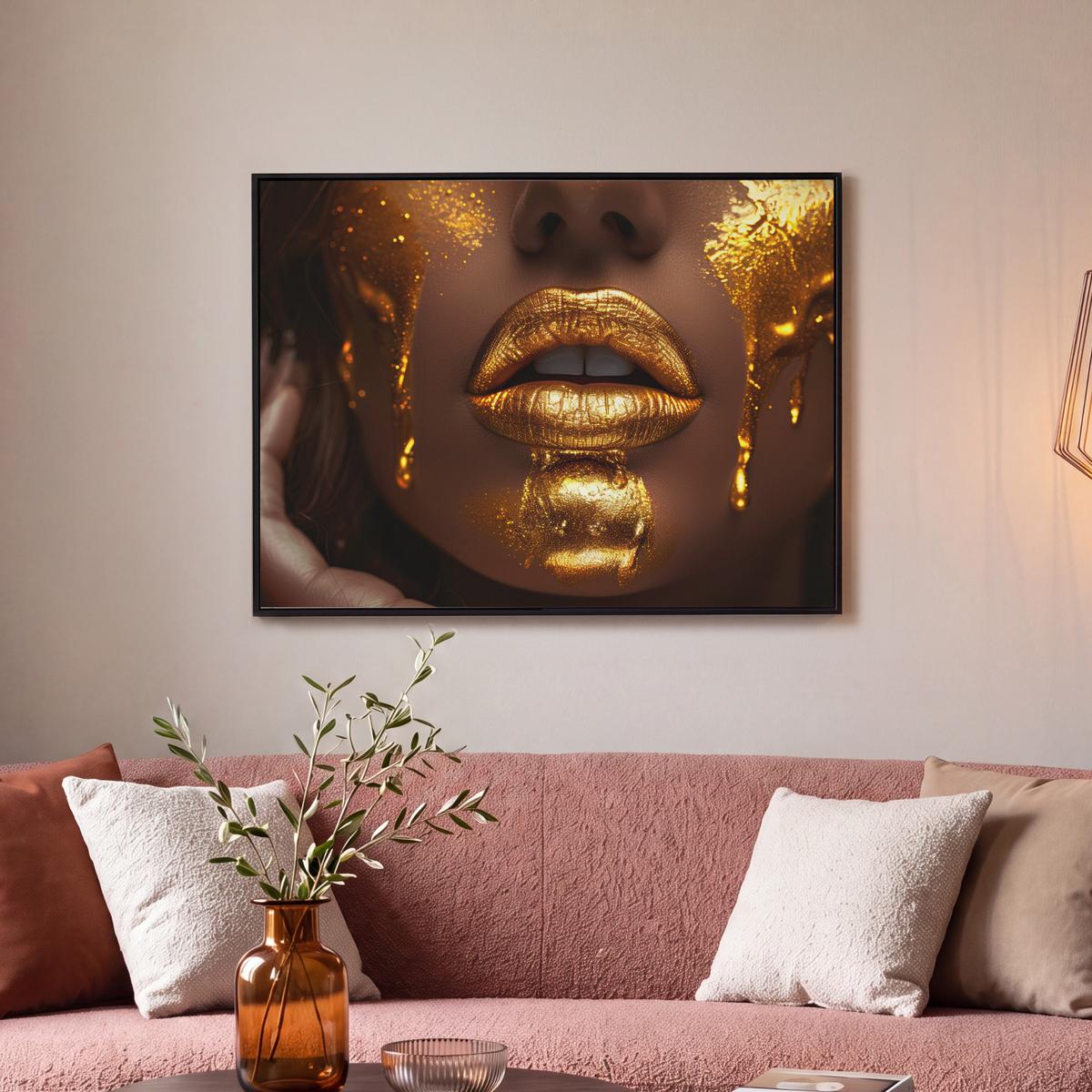 LEINWAND Bilder mit Rahmen - Frau - Gold - Luxus - Porträt - 80x60 - Goldfarben, Textil (80/60cm) - MuchoWow