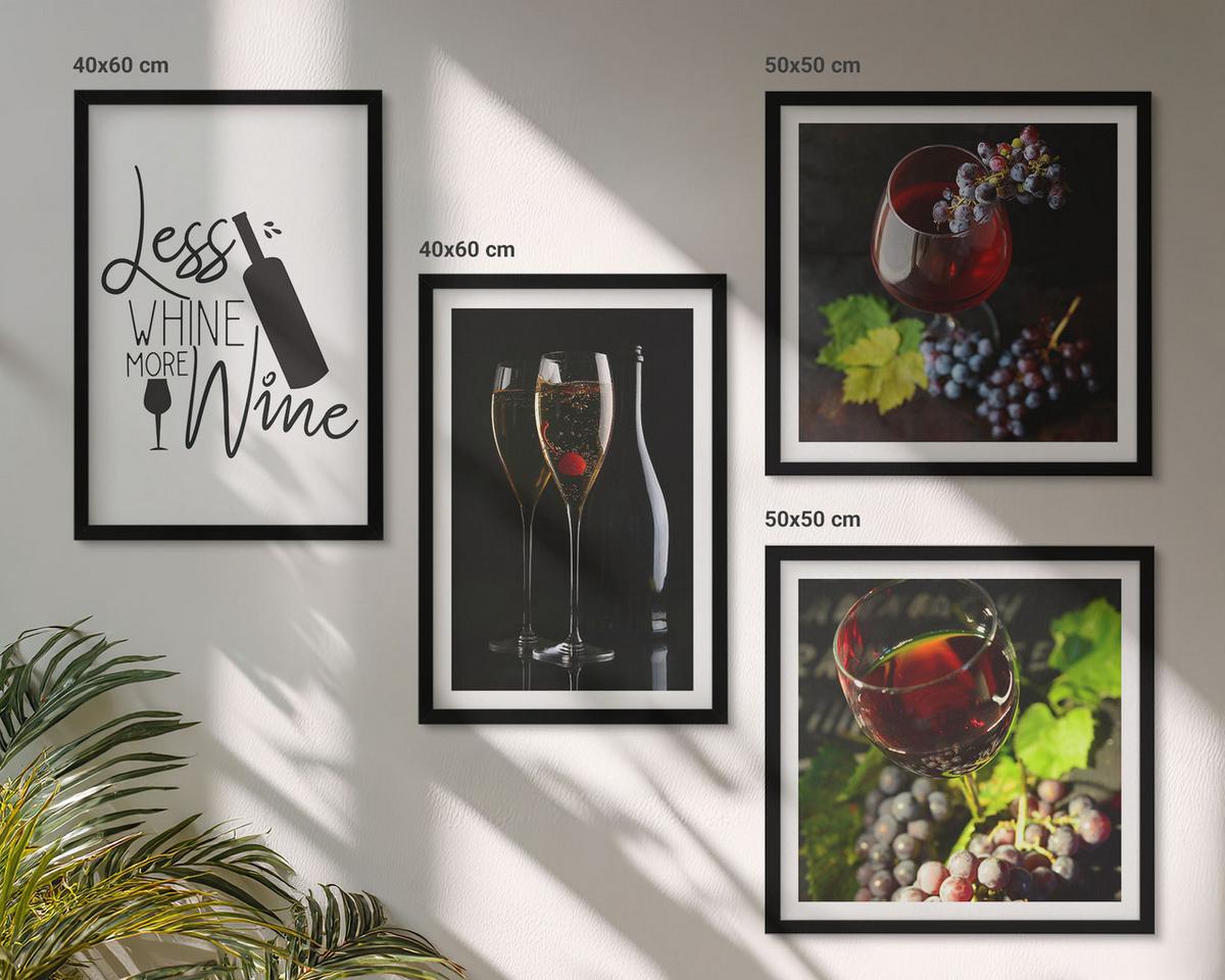 BILDER SET 4er Set - 50x50 cm & 40x60 cm Schwarzer Rahmen - Weingläser mit Trauben und Inschrift - Schwarz, Kunststoff (50/50cm) - TULUP