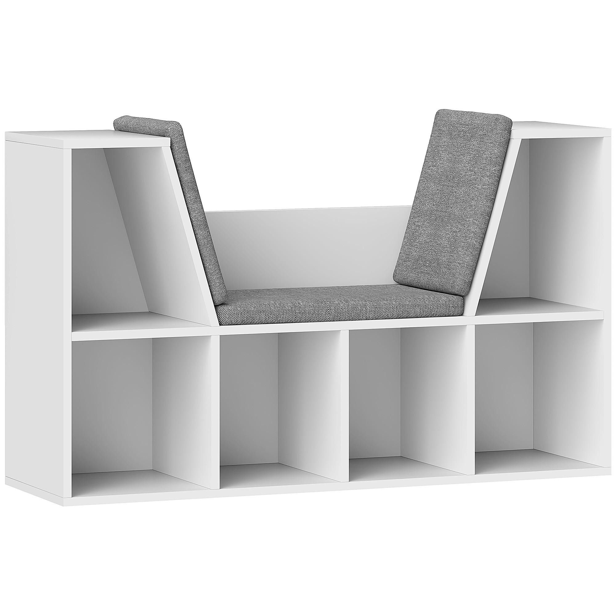 BÜCHERREGAL mit Sitzkissen, Aufbewahrungsregal mit 6 Fächern, Leinenoptik, Weiß - Weiß/Grau, Holzwerkstoff/Textil (105/63/30cm) - HOMCOM