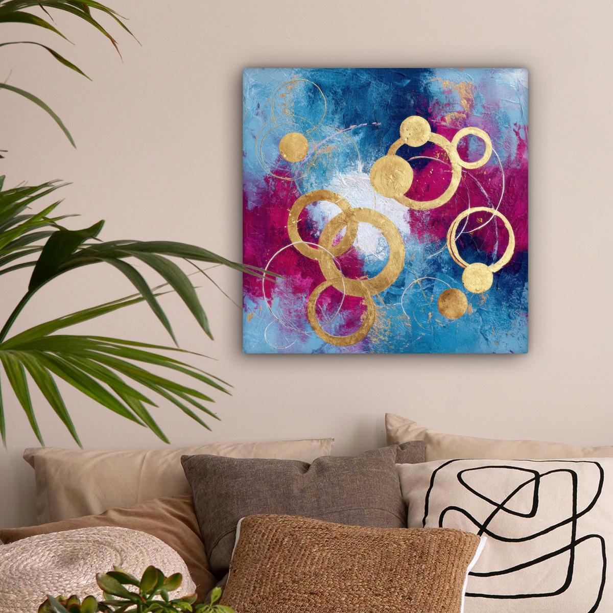 LEINWANDBILD Kreise - Gold - Abstrakt Wandbild Wohnzimmer 50x50 cm - Blau, Textil (50/50cm) - MuchoWow