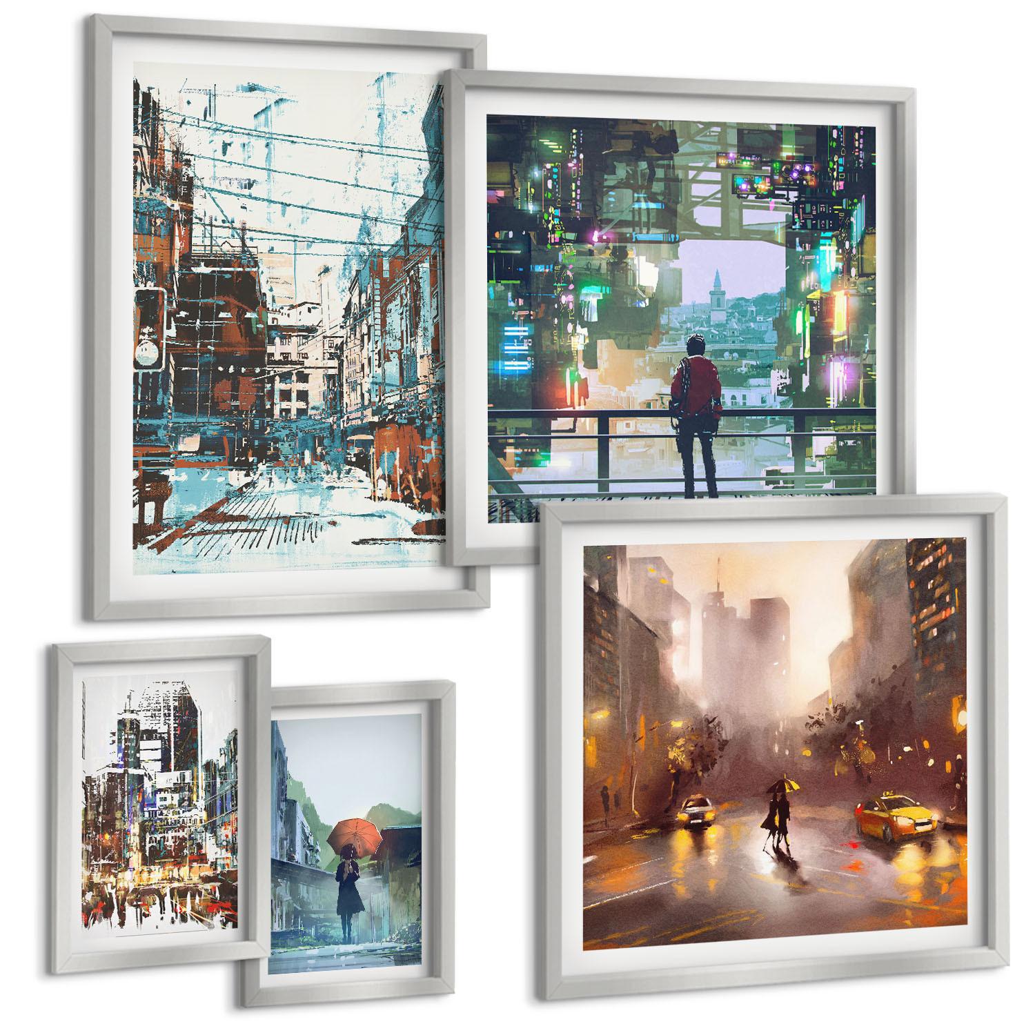 BILDER SET 5er Set - 50x50 cm & 20x30 cm & 40x60 cm Silberner Rahmen - Moderne, farbenfrohe Städte mit Charakteren - Silberfarben, Kunststoff (40/60cm) - TULUP