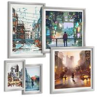 BILDER SET 5er Set - 50x50 cm & 20x30 cm & 40x60 cm Silberner Rahmen - Moderne, farbenfrohe Städte mit Charakteren - Silberfarben, Kunststoff (40/60cm) - TULUP