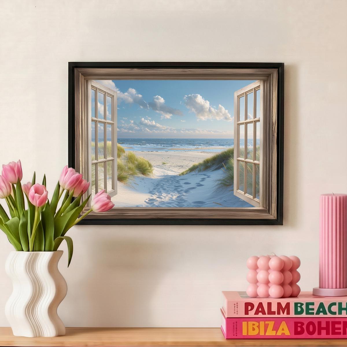 LEINWAND Bilder mit Rahmen - Aussicht - Strand - Fenster - Dünen - Meer - 40x30 - Hellblau, Textil (40/30cm) - MuchoWow