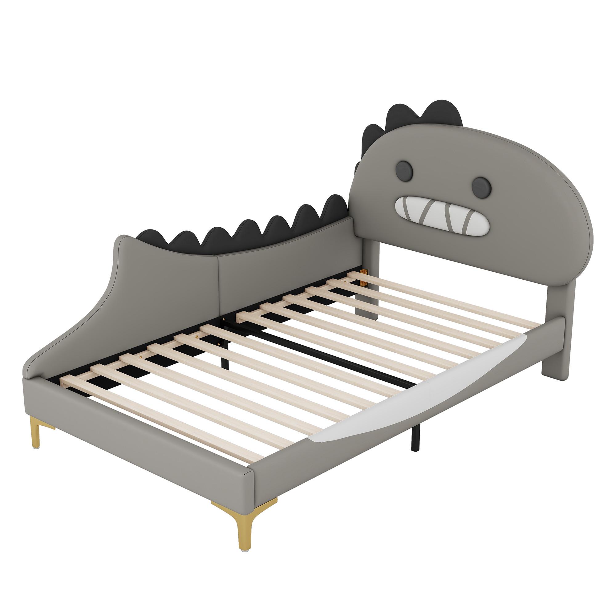 KINDERBETT pu dinosaurier design 90x200cm mit lattenrost - Grau, Leder (90/200cm) - Urban Meuble