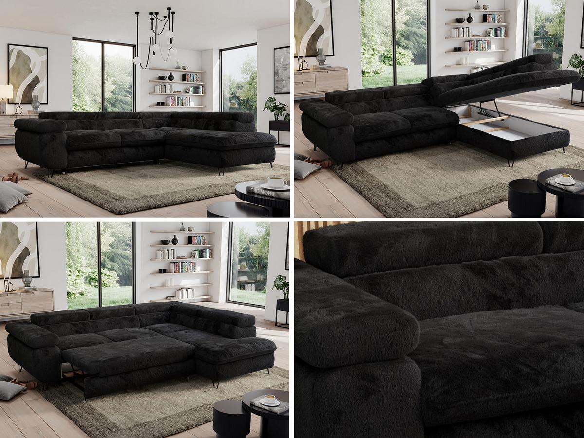ECKSOFA PEDRO L Schwarz Plüsch - Rechts Seite - Schwarz, Textil/Metall (273/208cm) - MKS