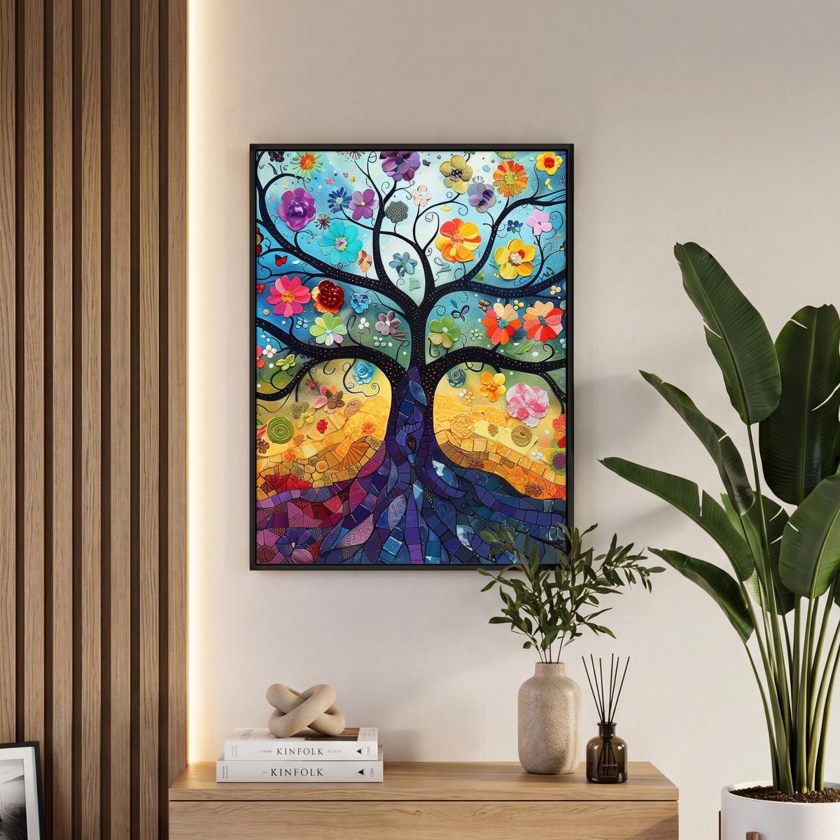 LEINWAND Bilder mit Rahmen - Kunst - Baum des Lebens - Blumen - Hippie - 50x70 - Dunkelblau, Textil (50/70cm) - MuchoWow