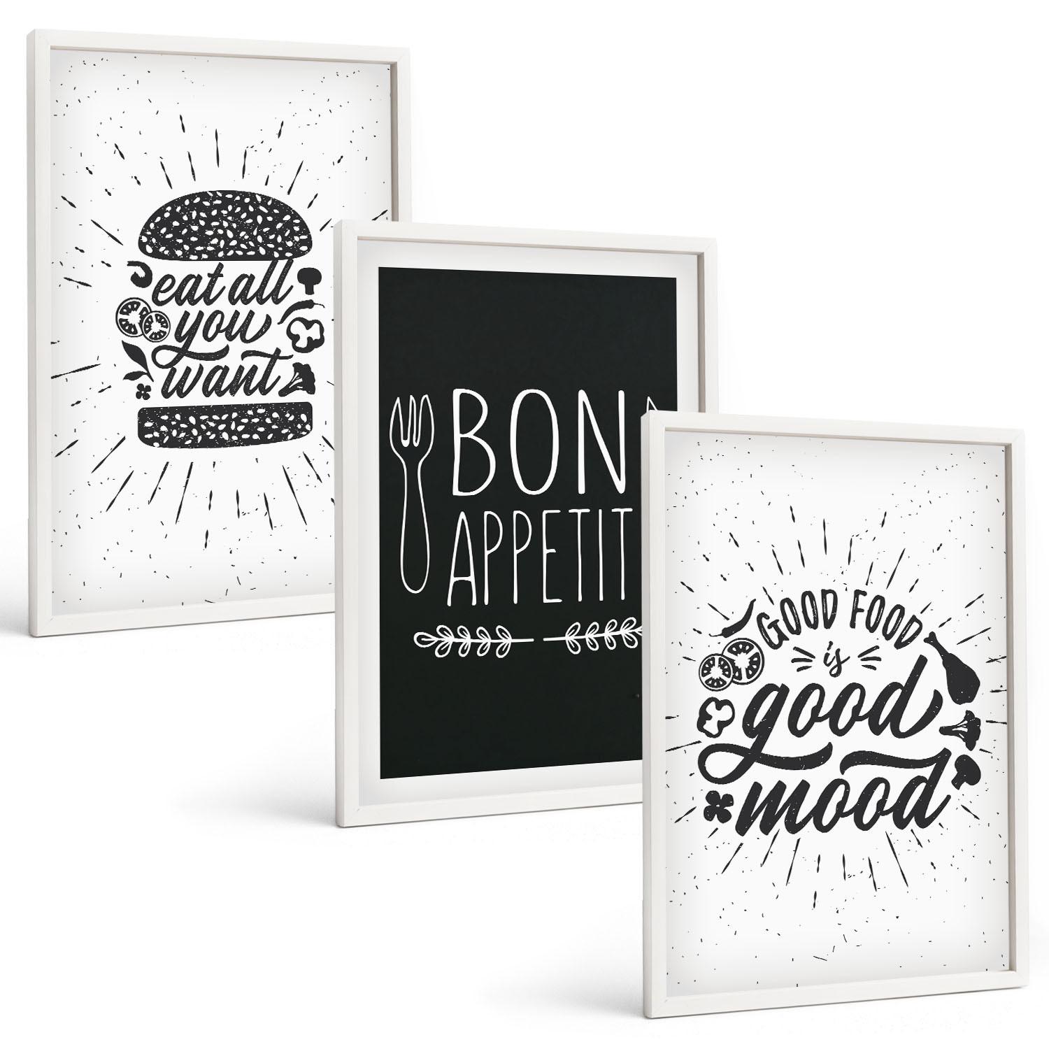 BILDER SET 3er Set - 40x60 cm Weißer Rahmen - Grafiken, Lebensmittel, kulinarische Slogans - Weiß, Kunststoff (40/60cm) - TULUP