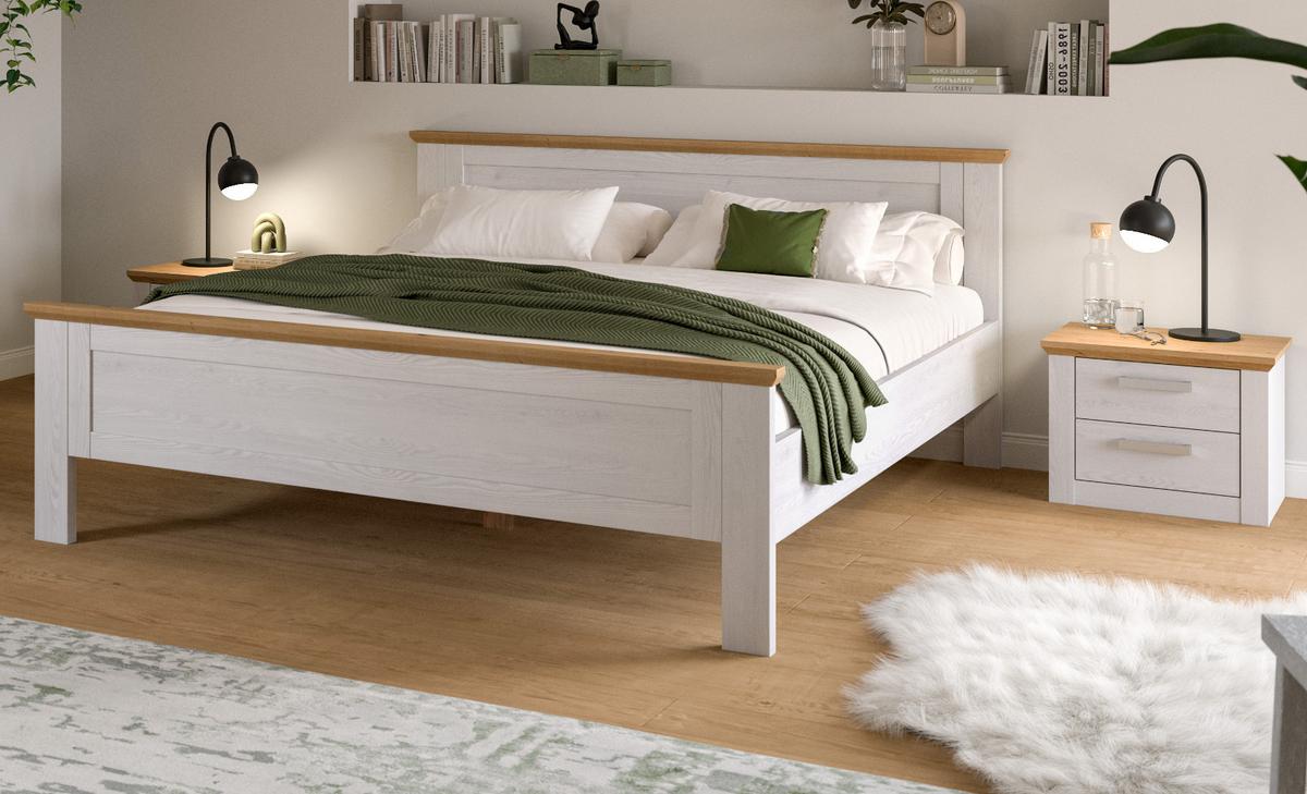 SCHLAFZIMMER weiß Lärche, Eiche Artisan Landhaus Set mit Bett 180 x 200 cm, 2x Nachttisch - Eichefarben/Silberfarben, Holzwerkstoff/Kunststoff (180/200cm) - Inn.Furn