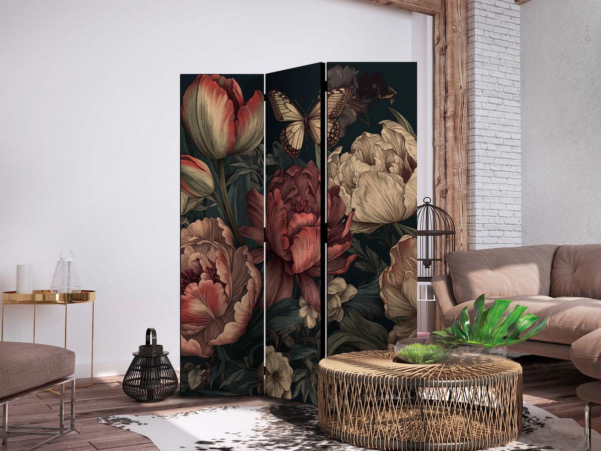 PARAVENT Beidseitig Bedruckter 3-tlg 135x172 cm Pfingstrosen im Boho - Multicolor, Holz/Textil (135/172/3cm) - Muralo
