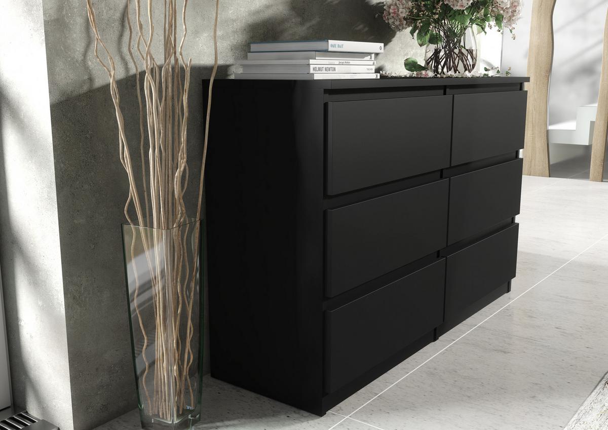 KOMMODE NUDO 138,5/78,5/39cm mit 6 Schubladen Türen Schwarz - Schwarz, Holzwerkstoff (138.5/78.5/39cm) - MASSENO
