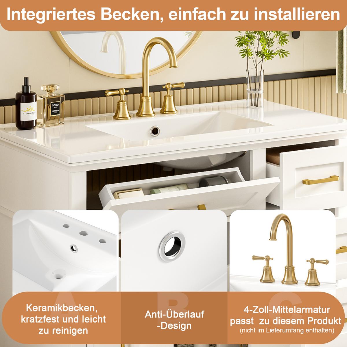 WASCHTISCH Weiß mit Goldgriffen, 5 Schubladen, Türregal & Keramikbecken 90cm - Weiß, Holzwerkstoff (90/87/46cm) - Urban Meuble