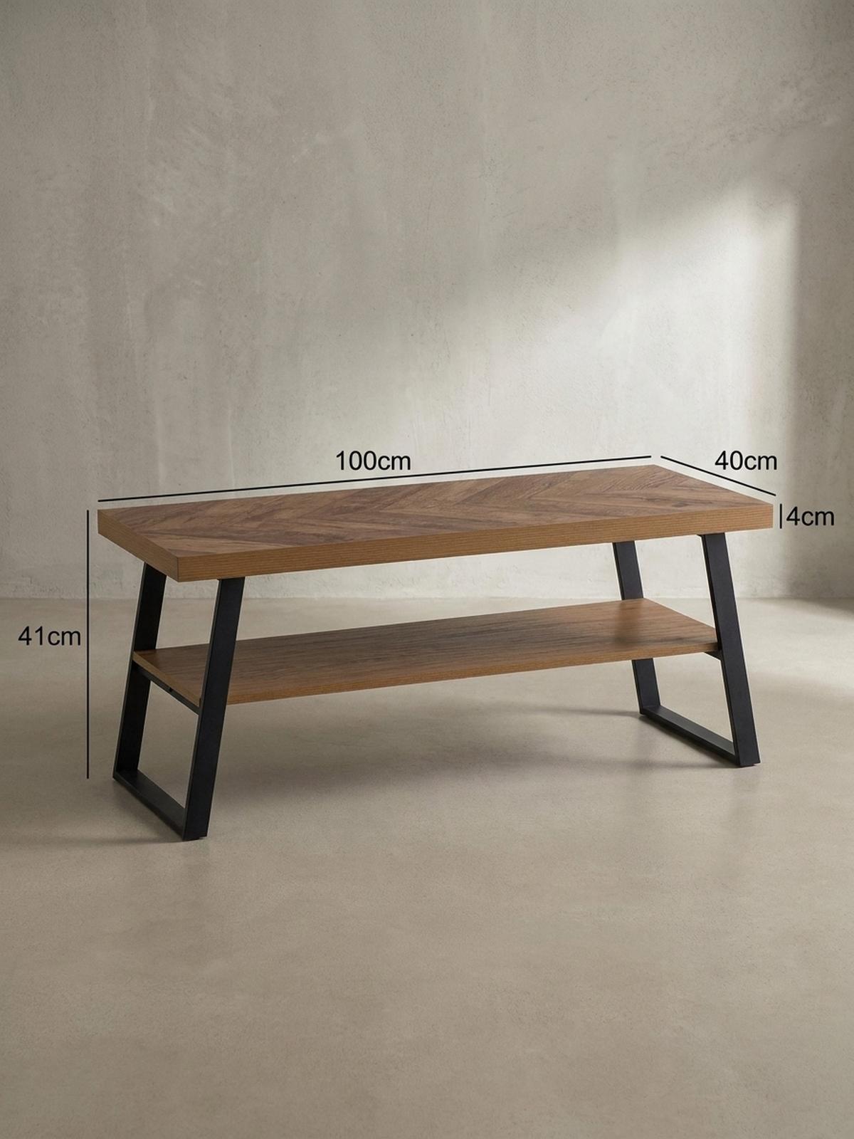 COUCHTISCH Braun Fischgrät-Muster 100x40x41cm mit Ablage und Metallgestell - Schwarz/Braun, Holz/Metall (40/100/41cm) - KADIMA DESIGN