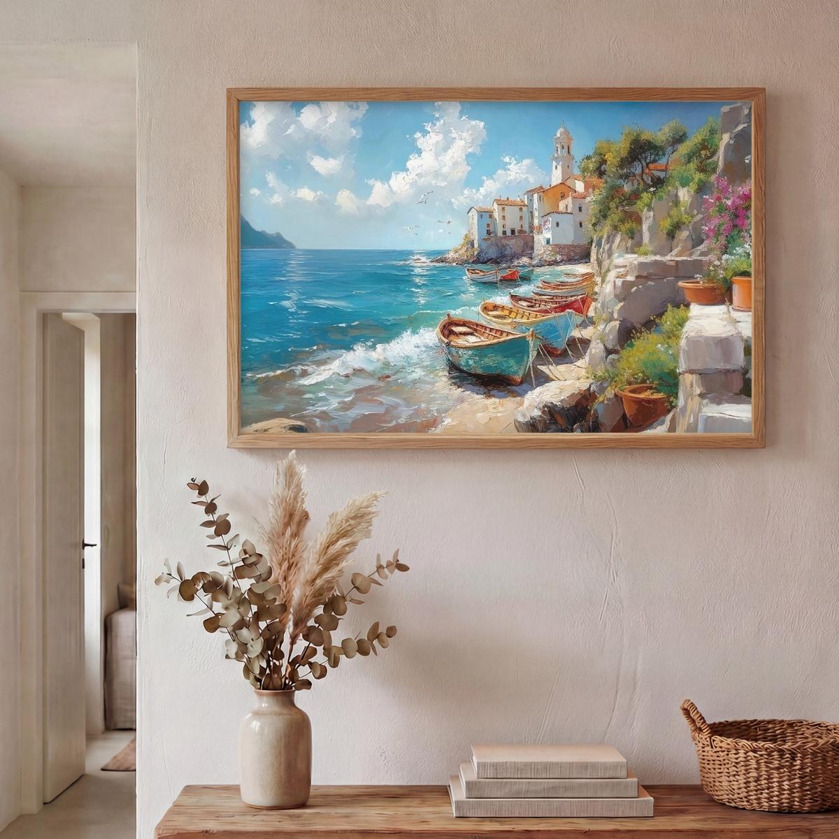 WANDLEUCHTE MIT AKKU Boote - Felsen - Meer - Sonne 100x70 cm - Blau, Holzwerkstoff (100/70/8cm) - OnlyWow