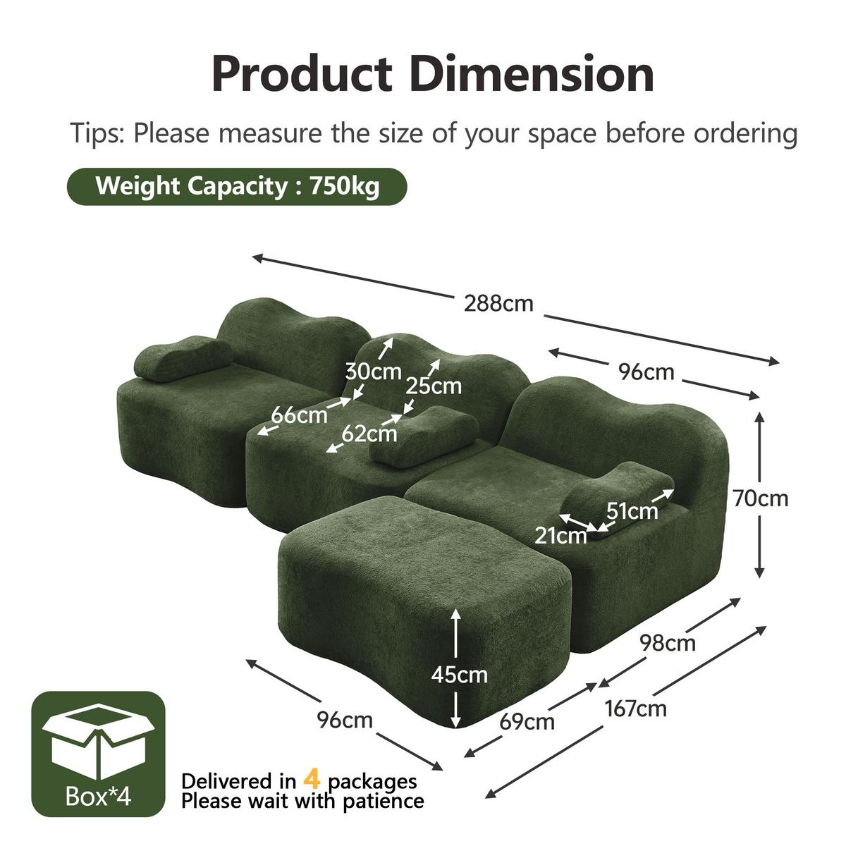 ECKSOFA L-Form Boneless Samt mit Ottoman - Grün, Textil (288/167cm) - Urban Meuble