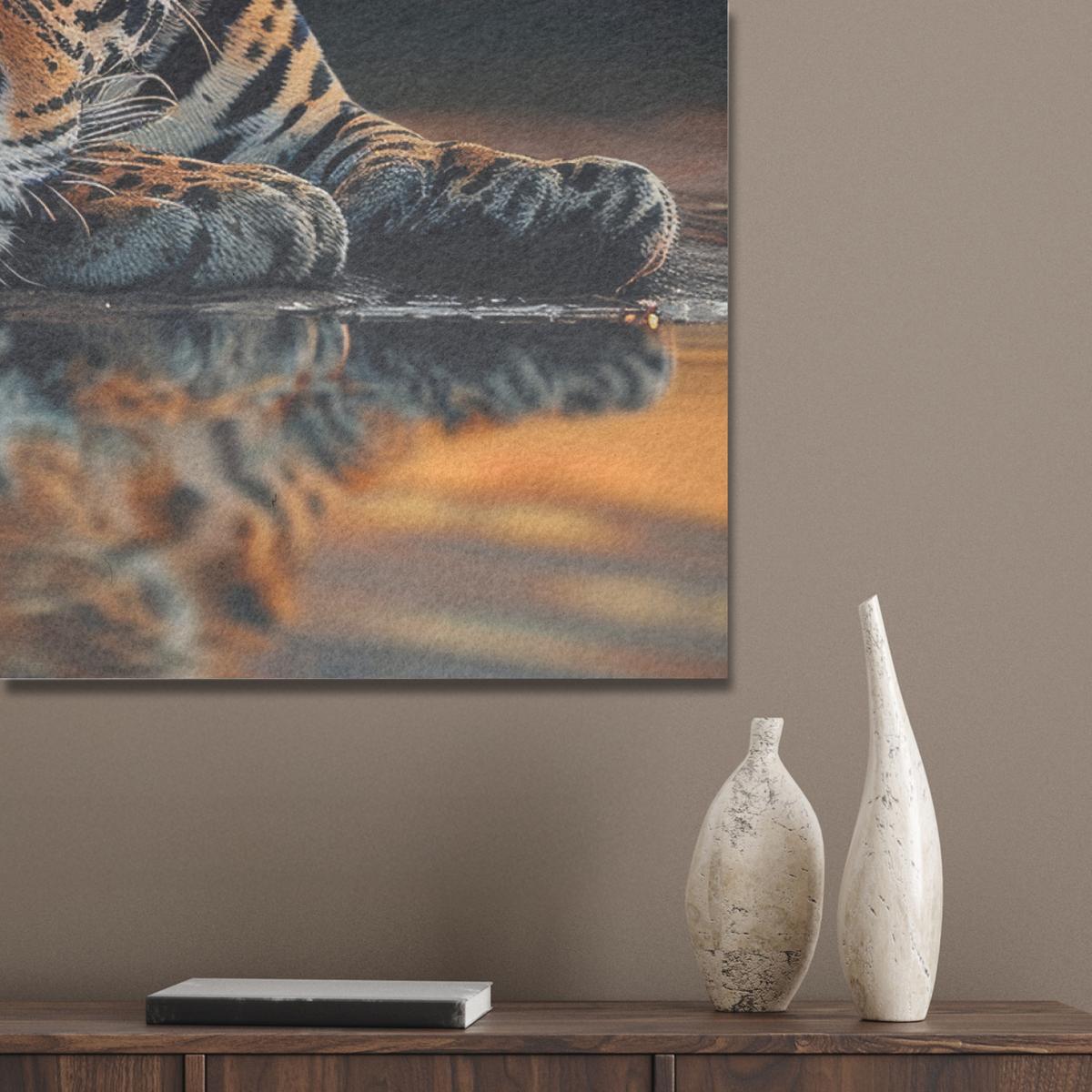 AKUSTIKBILD Natur - Leopard - Tier - Sonnenuntergang - Modern Wandbild Wohnzimmer 100x70 cm - Orange, Kunststoff (100/70/0.9cm) - MuchoWow