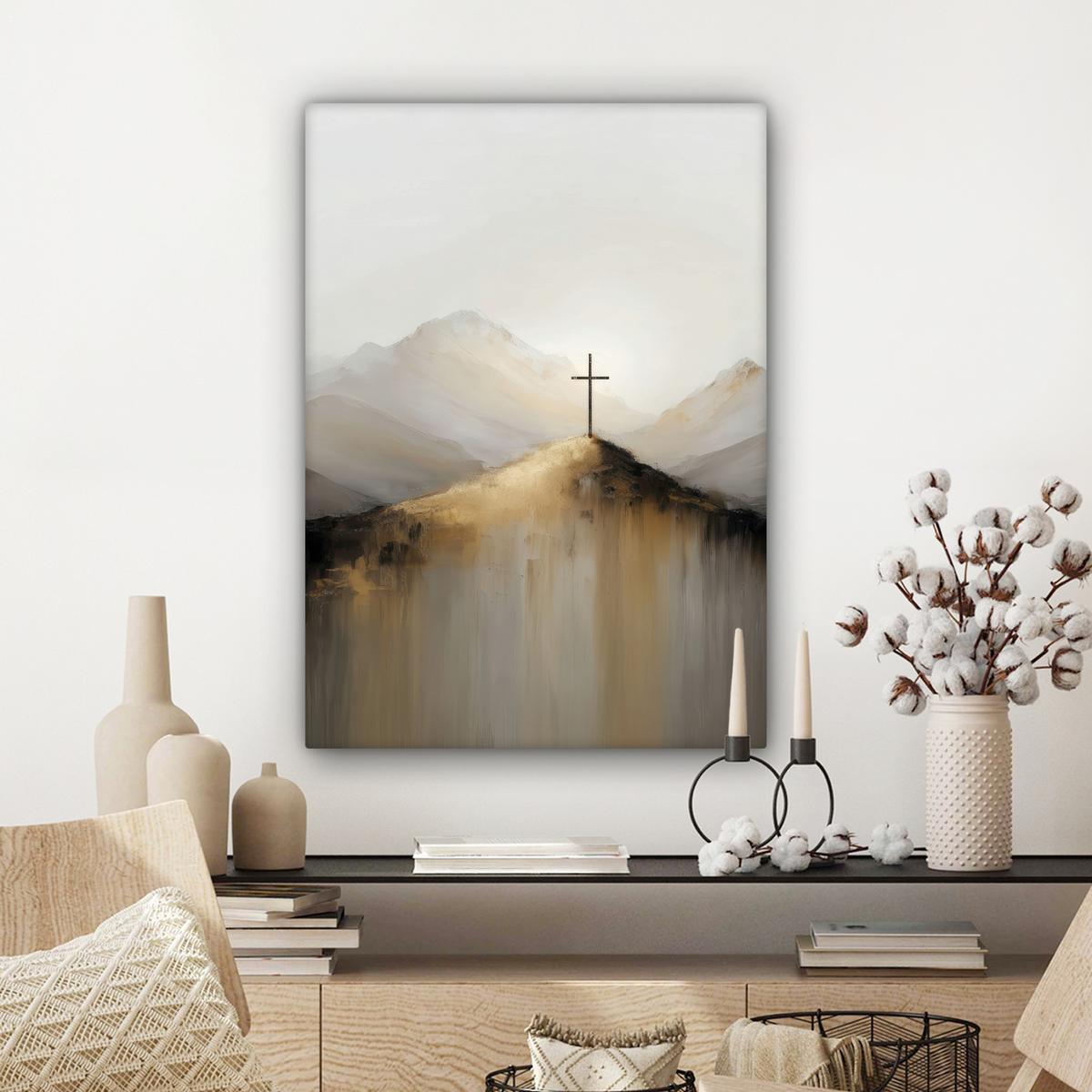 LEINWANDBILD Hügel - Abstrakt - Kreuz - Christentum Wandbild Wohnzimmer 60x80 cm - Beige, Textil (60/80cm) - MuchoWow
