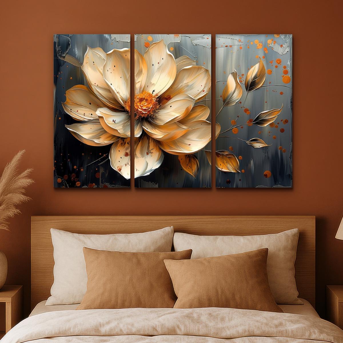 LEINWANDBILD 3er Set Blume - Gold - Abstrakt - Farbe 180x120 cm - Creme, Textil (180/120cm) - MuchoWow