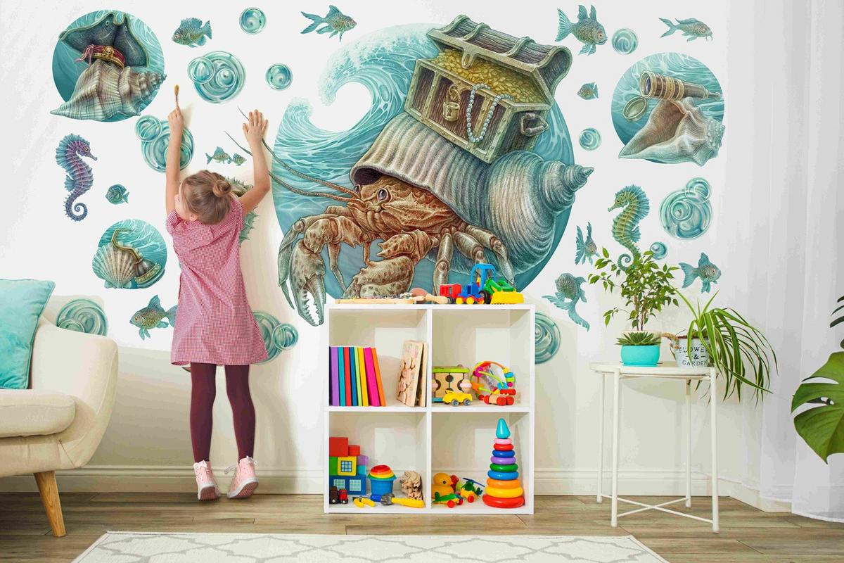 WANDAUFKLEBER 100x105cm - Krabbenwelt - Multicolor, Kunststoff (100/105/0.1cm) - Wallfluent