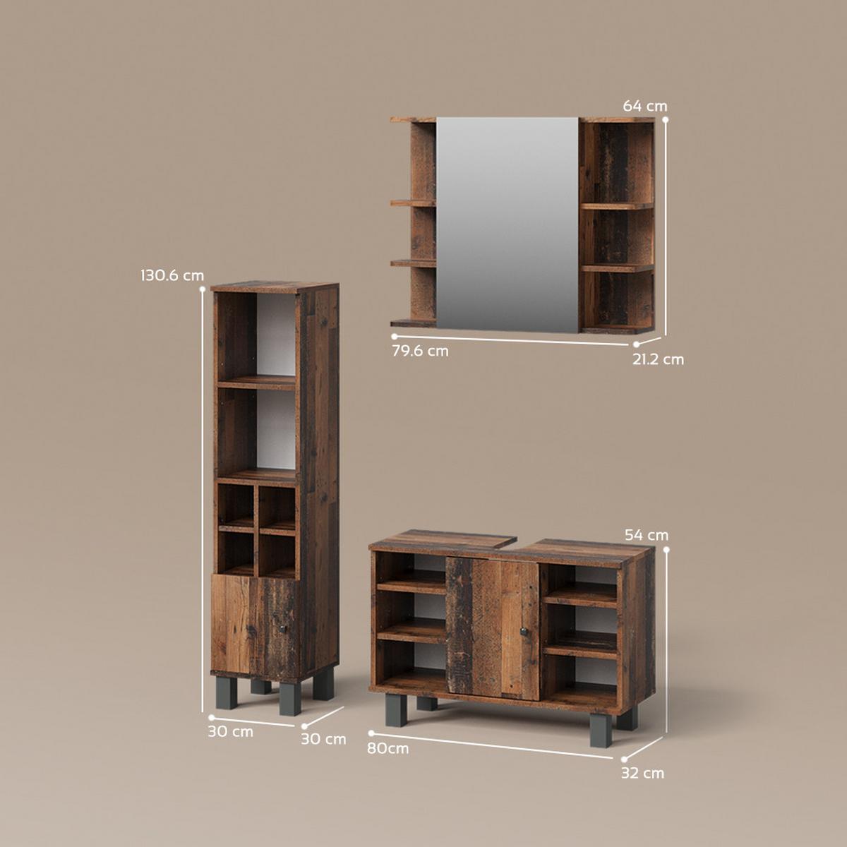 BADMÖBEL-SET Fucino Eiche rustikal 3 Teile, mit Midischrank Tür klein - Wildeiche, Holzwerkstoff (60/54/32cm) - Livinity®