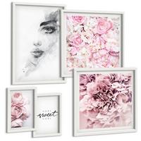 BILDER SET 5er Set - 50x50 cm & 20x30 cm & 40x60 cm Weißer Rahmen - Pfingstrosenporträt einer Frau zu Hause - Weiß, Kunststoff (40/60cm) - TULUP