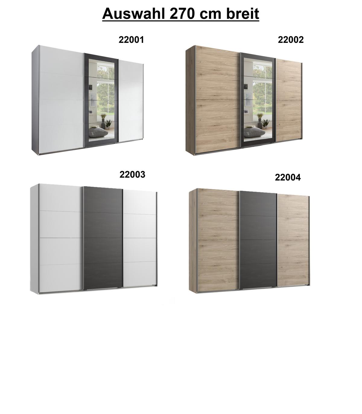 SCHWEBETÜRENSCHRANK 3-türig B270/H208/T65 cm, Kleiderschrank in Weiß mit Absetzungen in grauer Stahl-Optik / 22001 - Alufarben/Schwarz, Holzwerkstoff/Metall (270/208/65cm) - luma-home