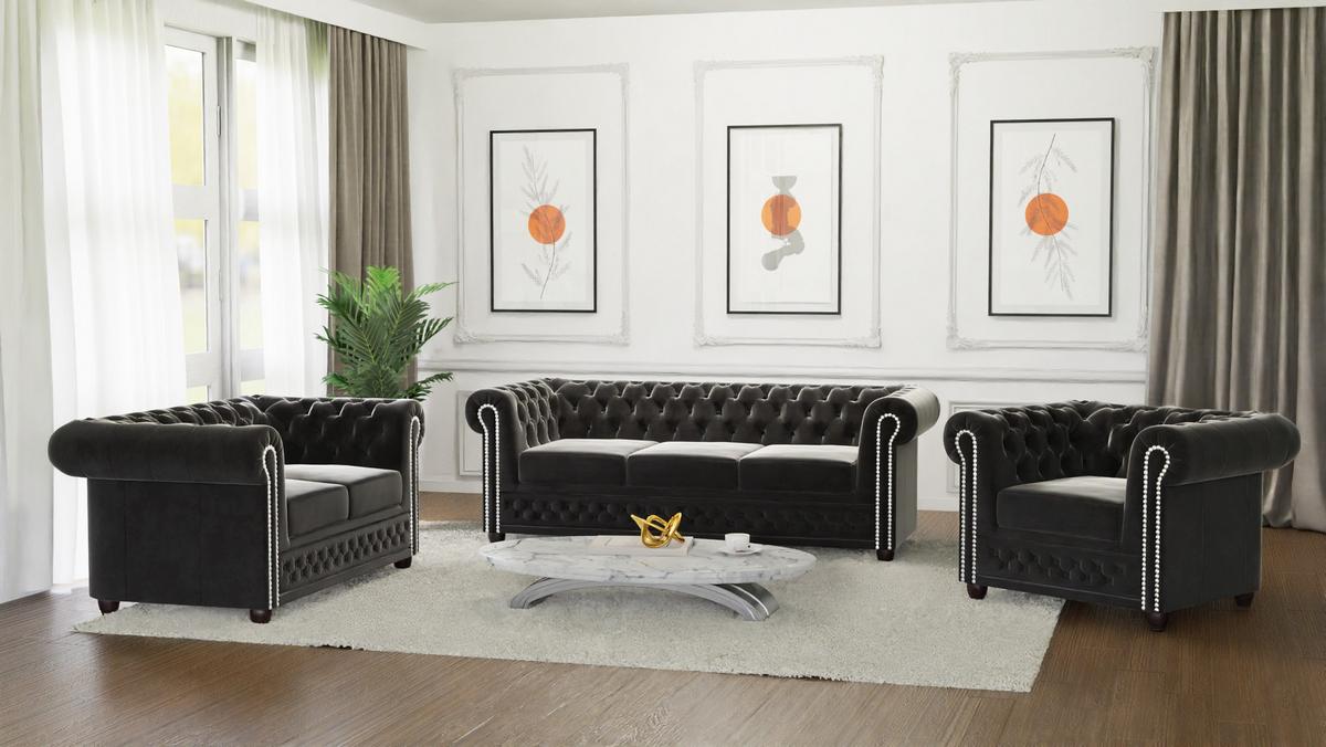 CHESTERFIELD-SOFA 3-Sitzer mit Schlaffunktion Nyx Schwarz Samt - Schwarz/Braun, Holz/Textil (203/28/86cm) - S-Style Möbel