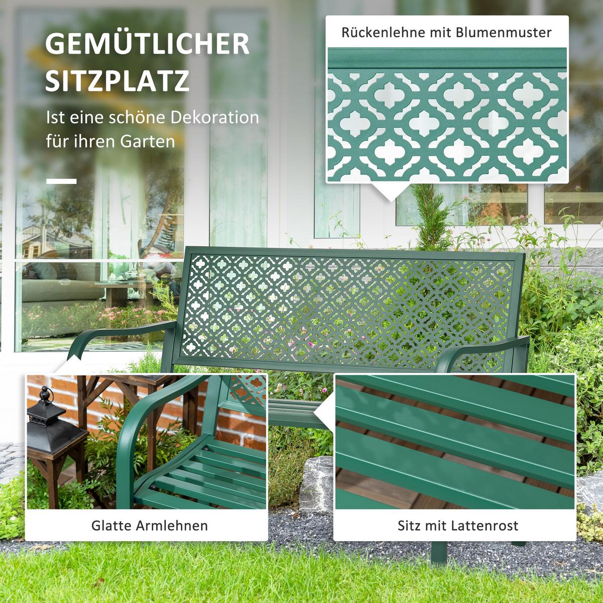 SITZBANK MIT BLUMENMUSTER, max. 240 kg, 127 x 63 x 83 cm, Stahl, Dunkelgrün - Dunkelgrün, Metall (63/83/127cm) - Outsunny