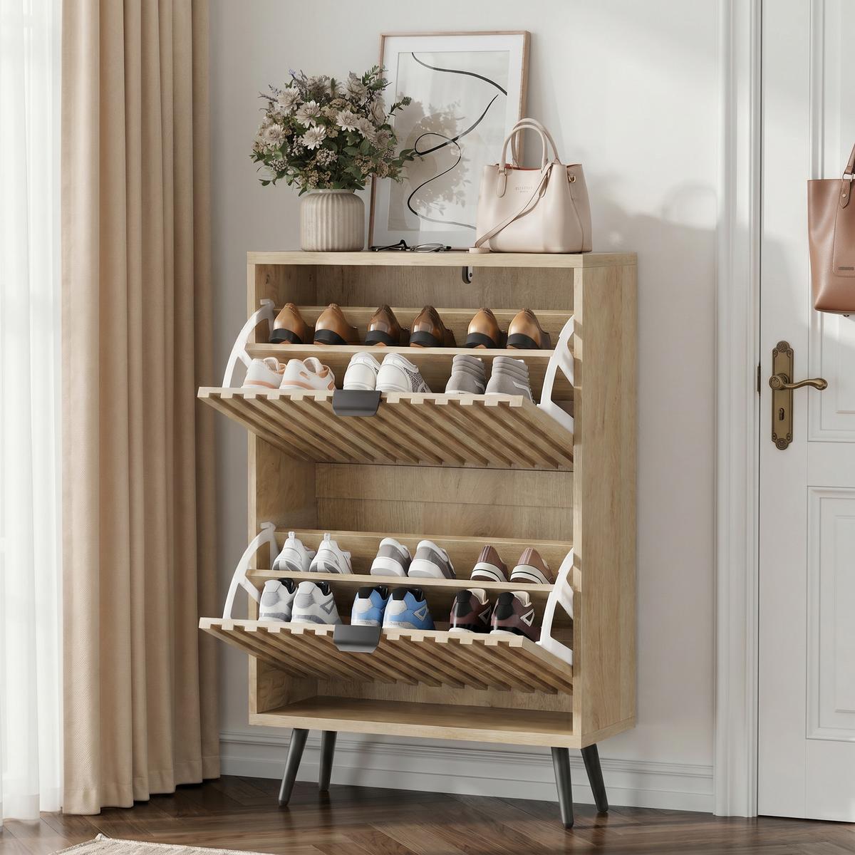 SCHUHESCHRANK Eichenfarben Mid-Century Mit 2 Kippfächern - Eichefarben, Holzwerkstoff (60/95/24cm) - Urban Meuble