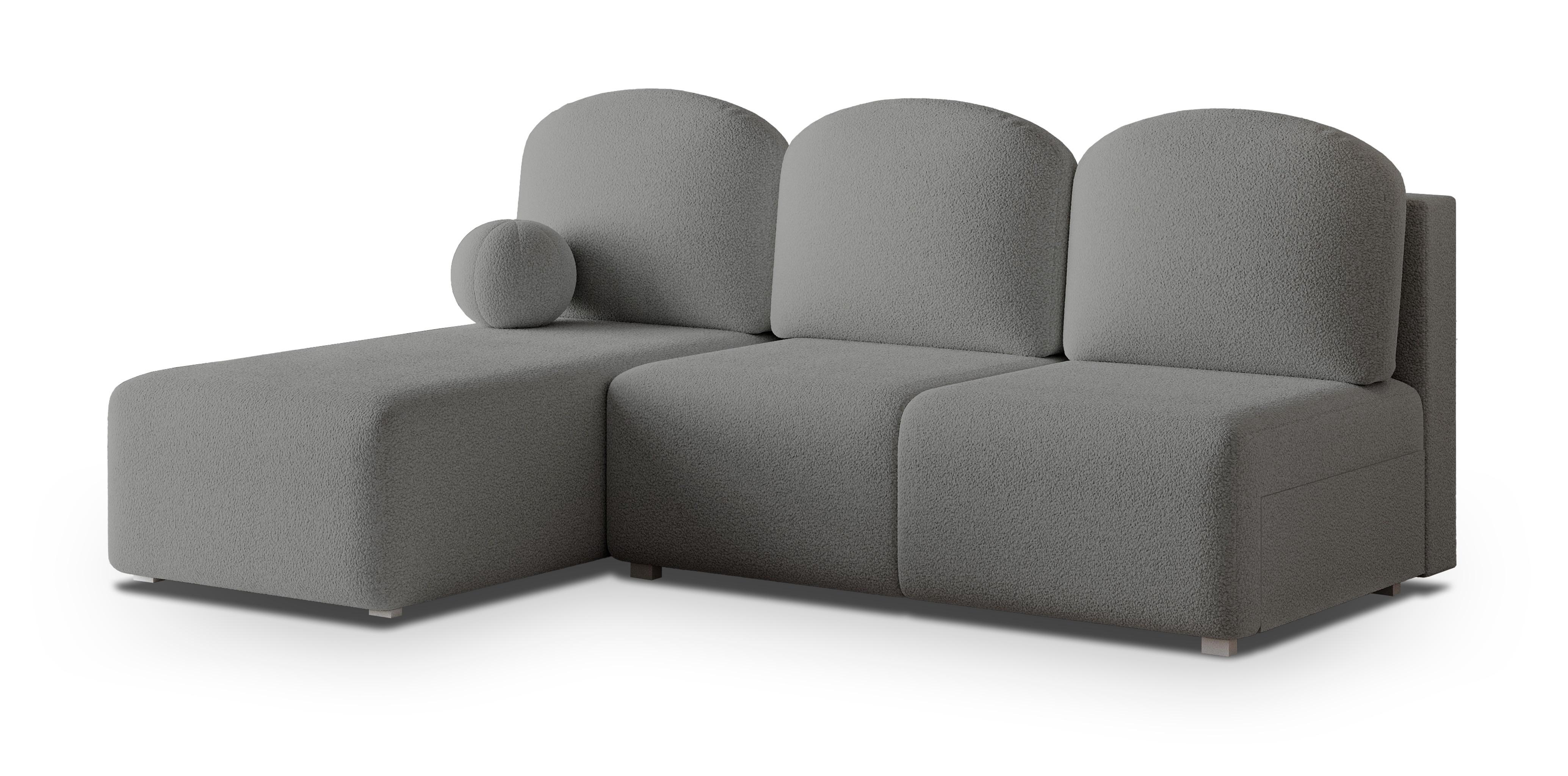 ECKSOFA TRAMA Grau Boucle-Stoff mit Schlaffunktion - Grau, Holz (200/143cm) - MASSENO