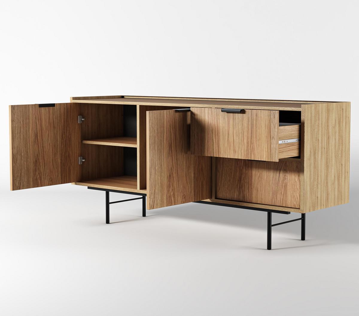 SIDEBOARD Nordiva 2T 2S Hikora Natur 150/68/40 cm – Metallgestell - Schwarz/Naturfarben, Holzwerkstoff/Metall (150/68/40cm) - AX Living