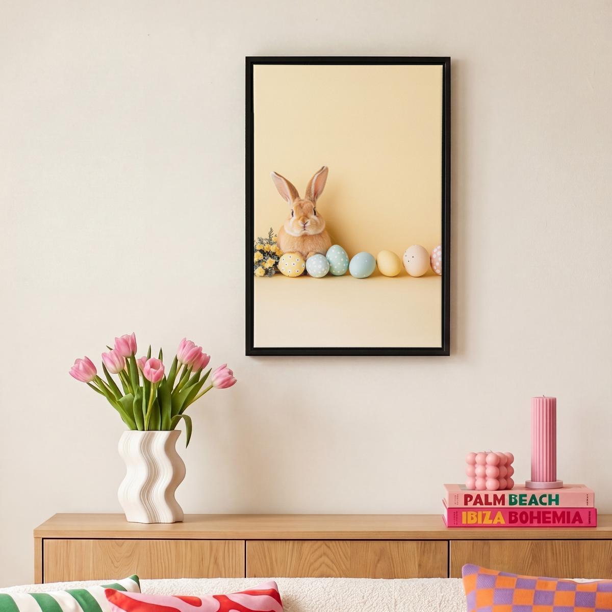 LEINWAND Bilder mit Rahmen - Eier - Kaninchen - Pastellfarbtöne - 20x30 - Hellgelb, Textil (20/30cm) - MuchoWow