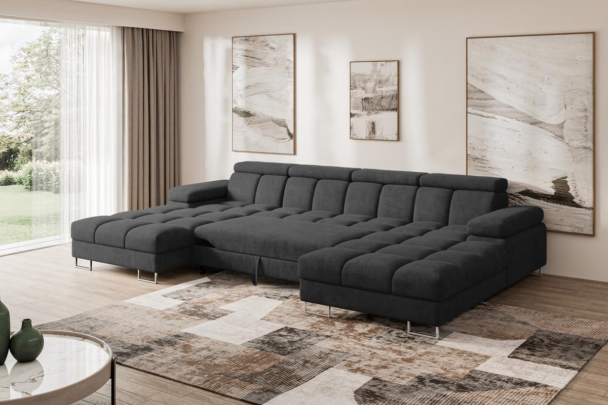 WOHNLANDSCHAFT mit Schlaffunktion und Bettkasten COMA U2 345x203x79 Schwarz Velours - Schwarz, Holzwerkstoff/Textil (345/79/203cm) - ALTDECOR