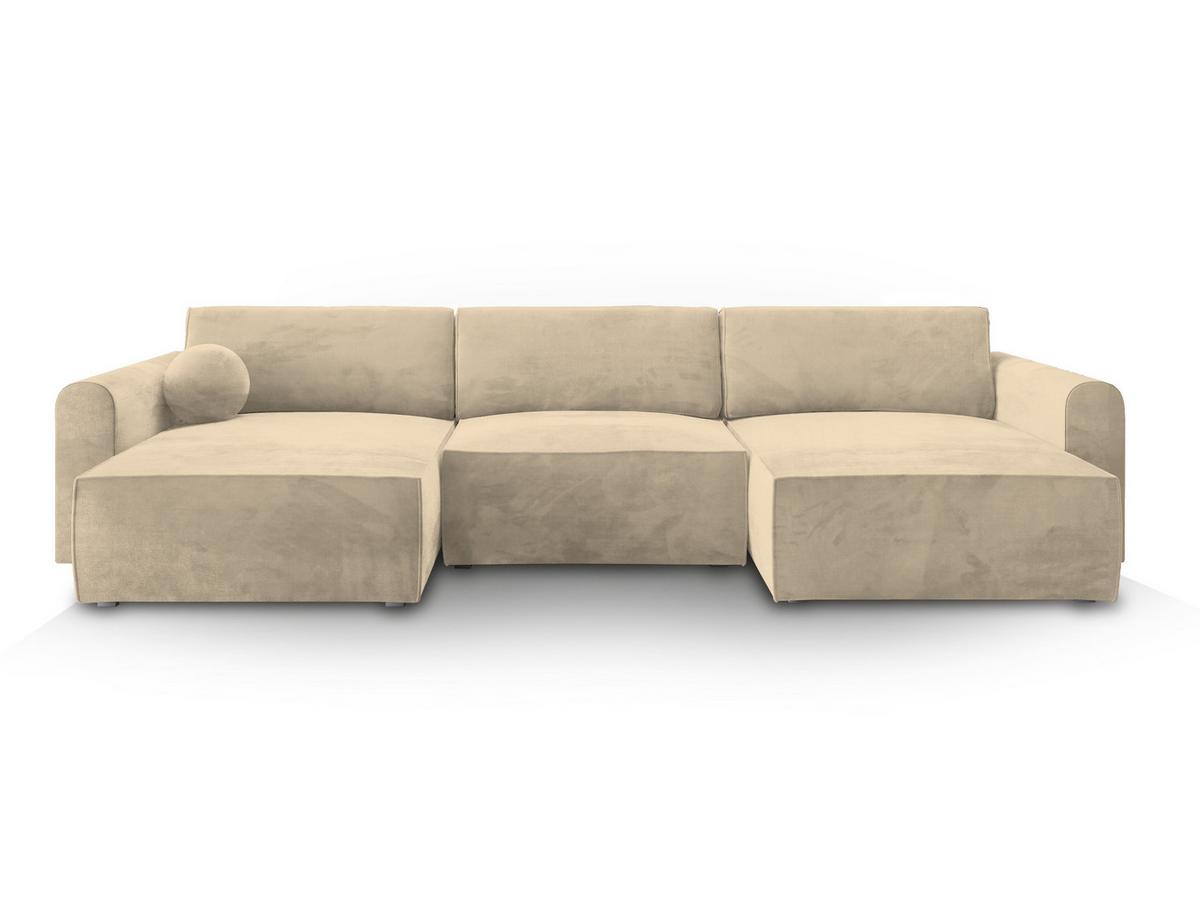 WOHNLANDSCHAFT FENTO M Creme Velours-Stoff mit Schlaffunktion - Creme/Grau, Holz/Kunststoff (347/90/148cm) - MASSENO