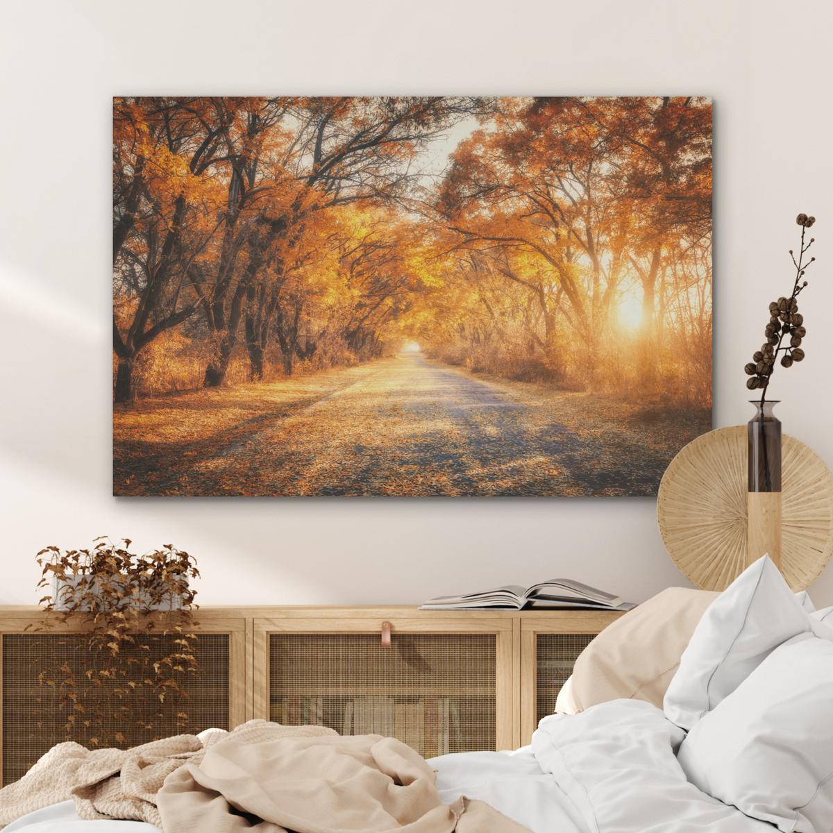 AKUSTIKBILD Wald - Herbst - Bäume - Waldweg - Natur Wandbild Wohnzimmer 100x70 cm - Bernsteinfarben, Kunststoff (100/70/0.9cm) - MuchoWow