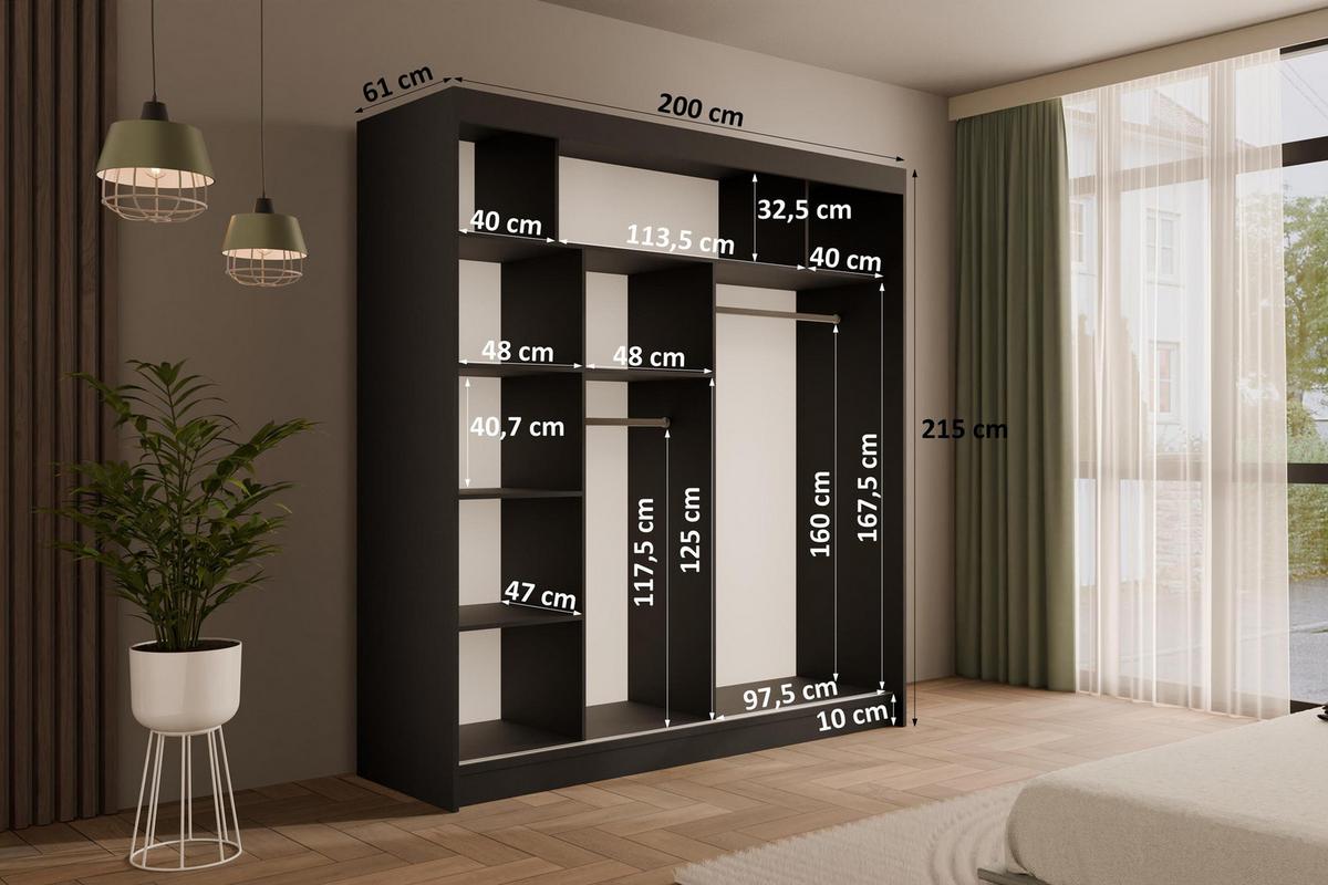 KLEIDERSCHRANK PEKA - 200 cm - Schwarz|Grau - Schwarz/Grau, Holzwerkstoff (200/215/61cm) - ALTDECOR