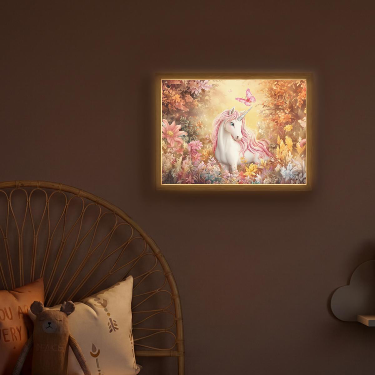 WANDLEUCHTE MIT AKKU Einhorn - Blumen - Schmetterling - Rosa 40x30 cm - Beige, Holzwerkstoff (40/30/8cm) - OnlyWow