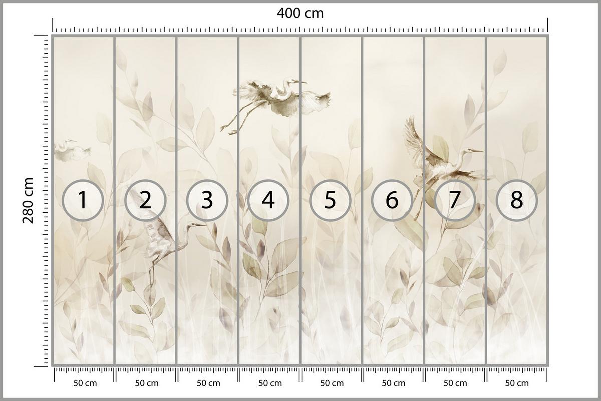 FOTOTAPETE Vögel Blätter Wiese Retro Stil 400x280 - Beige, Papier (400/280cm) - Muralo
