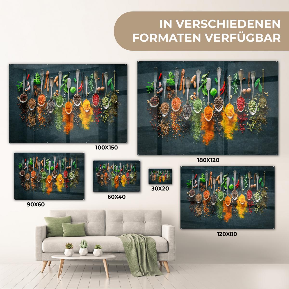 ACRYLGLASBILD Kräuter - Gewürze - Löffel Room Decor 90x60 cm - Currygelb, Glas (90/60cm) - MuchoWow