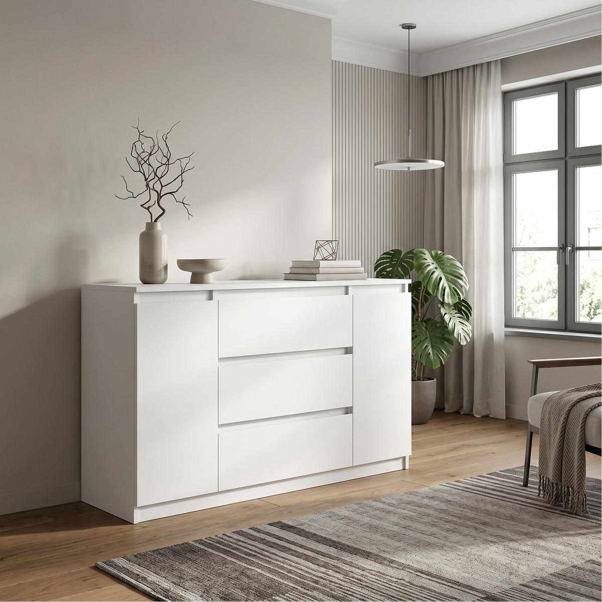 KOMMODE NUDO 120/78,5/39cm mit 3 Schubladen 2 Türen Weiß - Weiß, Holzwerkstoff (120/78.5/39cm) - MASSENO