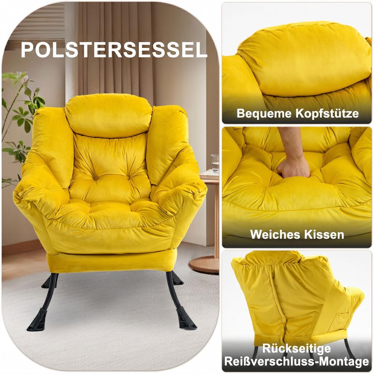 SESSEL aus samt und metall, mit kopfstütze und seitentasche - Gelb, Metall (75/85/80cm) - Urban Meuble