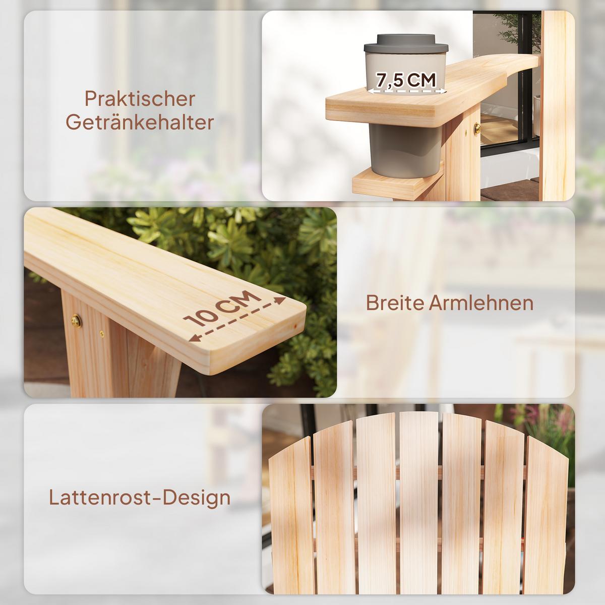 ADIRONDACK-GARTENSTUHL mit Becherhalter Gartenliege Balkonstuhl Massivholz Natur - Fichtefarben, Holz (95/93/72cm) - Outsunny