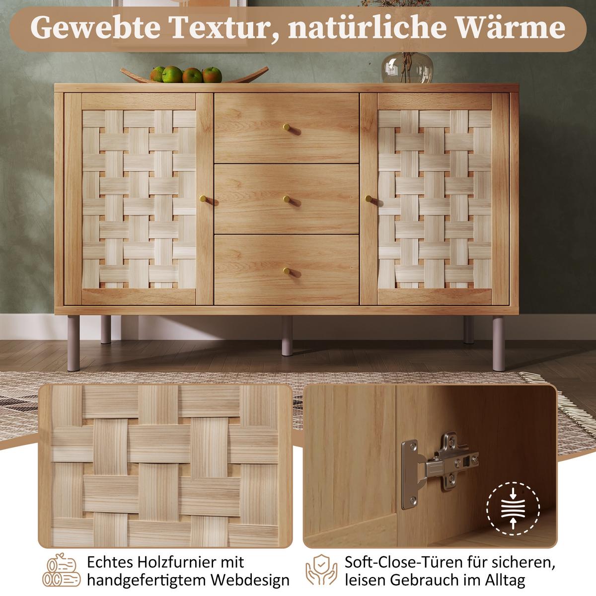 SIDEBOARD in eichenoptik mit gewebten fronten, 2 türen und 3 schubladen - Eichefarben, Holz (120/70/40cm) - Urban Meuble
