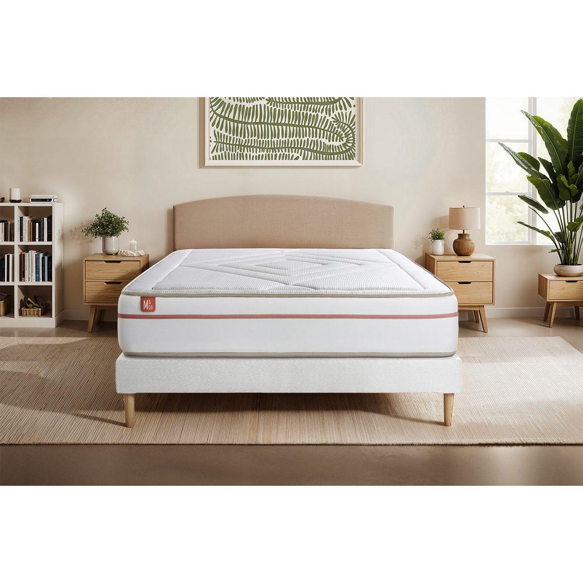 BETT Le Paisible Memory-Schaum 160 x 200 cm h1 - Kit Bettgestell Weiß - Beige/Weiß, Karton/Holz (160/200cm) - Marmottes & Co