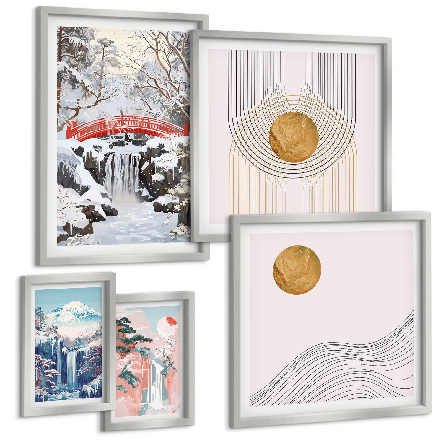 BILDER SET 5er Set - 50x50 cm & 20x30 cm & 40x60 cm Silberner Rahmen - Sommerliche Strandansichten in Pastellfarben - Silberfarben, Kunststoff (40/60cm) - TULUP