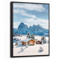 LEINWAND Bilder mit Rahmen - Winter - Hütte - Berge - Aussicht - Schnee - 30x40 - Eichefarben, Textil (30/40cm) - MuchoWow