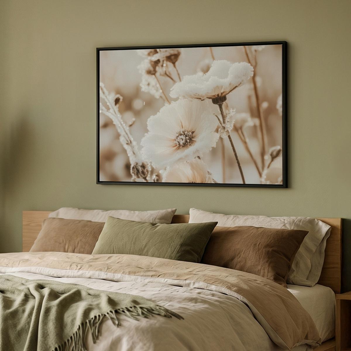 LEINWAND Bilder mit Rahmen - Blumen - Winter - Weiß - Schnee - Beige - 100x70 - Creme, Textil (100/70cm) - MuchoWow