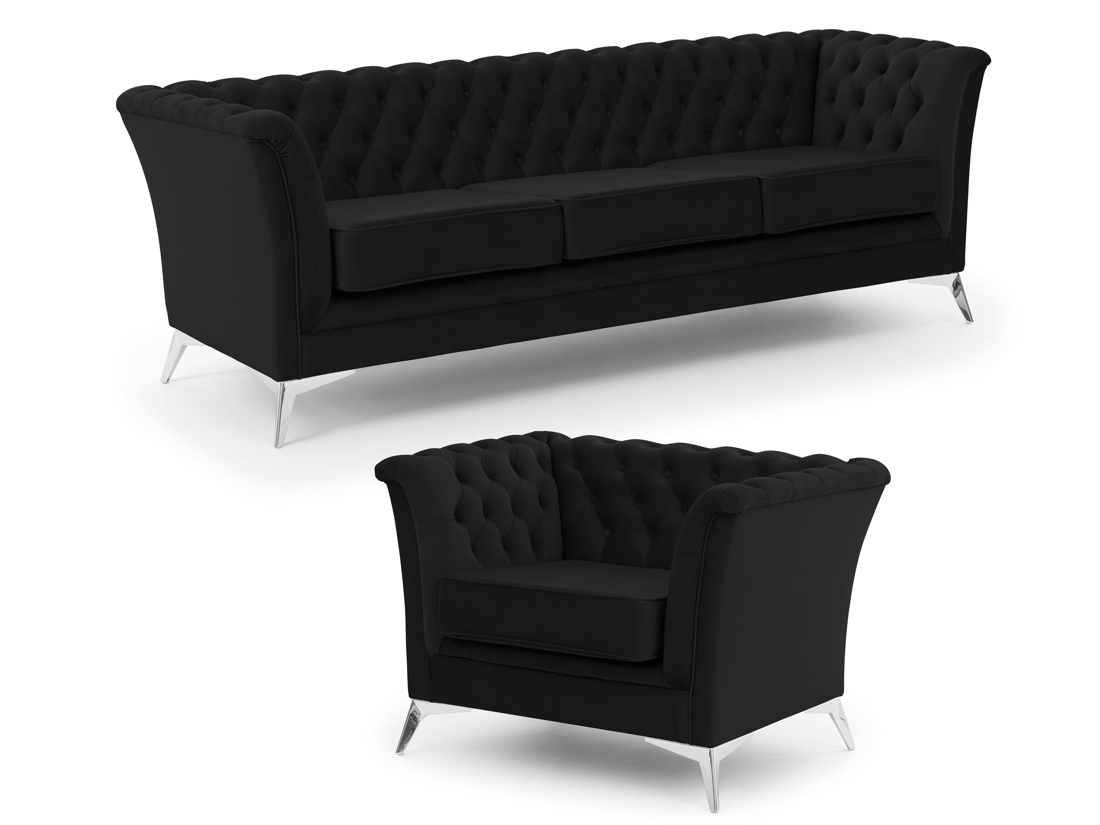 SITZGARNITUR 3+1 Chesterfield Whitby Schwarz Samt mit silbernen Füßen - Silberfarben/Schwarz, Holz/Textil (237/78/82cm) - S-Style Möbel