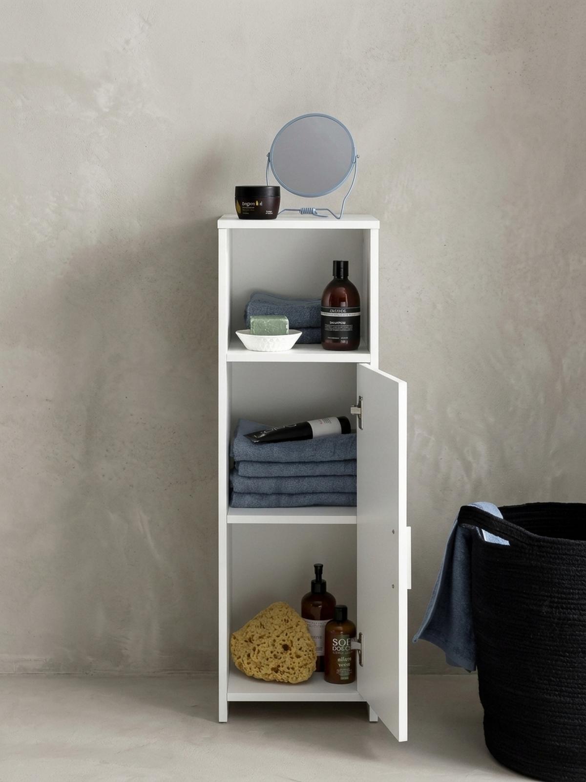 BADSCHRANK Weiß 30x95,5x30 cm aus Melamin mit kratzfester Oberfläche - Schwarz/Weiß, Holz/Metall (30/96/30cm) - KADIMA DESIGN