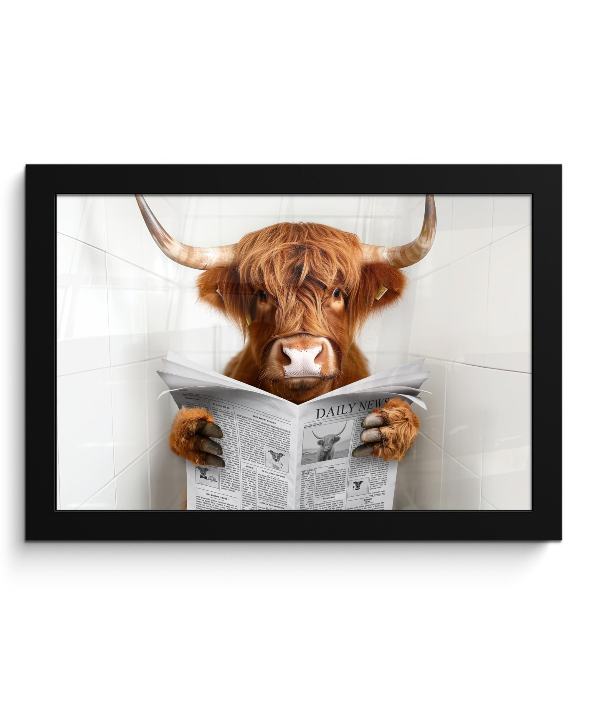 POSTER MIT RAHMEN Schottischer Highlander - Tier - Zeitung - Toilette 30x20 cm - Kastanienfarben, Papier (30/20cm) - MuchoWow
