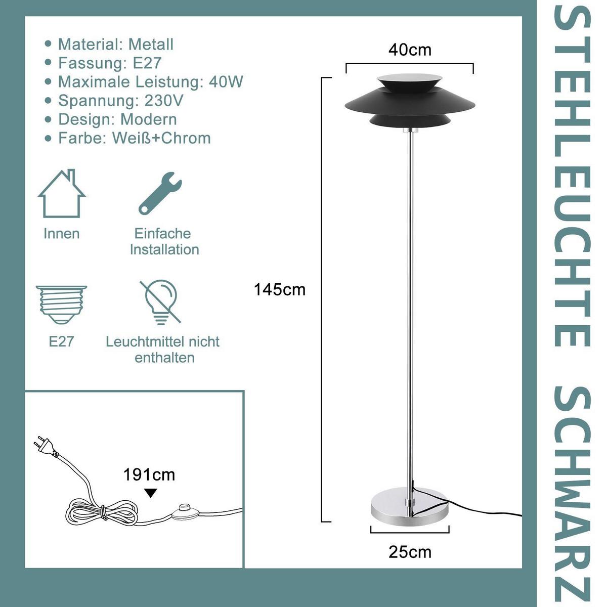 STEHLEUCHTE Albert 40/25/145 cm - Schwarz, Metall (45/22/178cm) - Nettlife